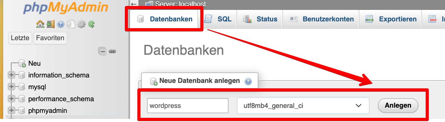 Create a WordPress database in phpMyAdmin