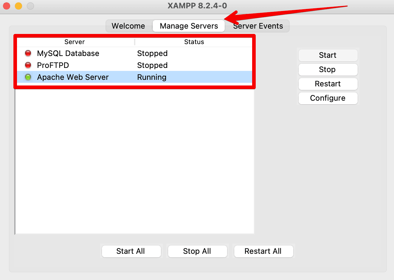 Server settings within XAMPP