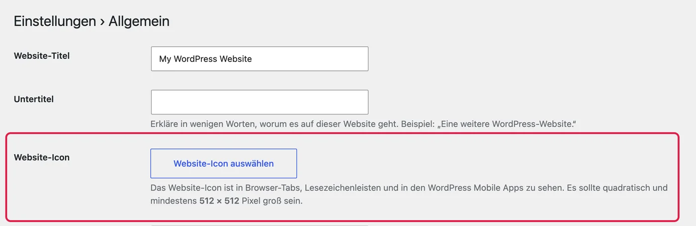 WordPress-Einstellungen Allgemein: Die Zeile Website-Icon mit der Schaltfläche Website-Icon auswählen ist rot markiert
